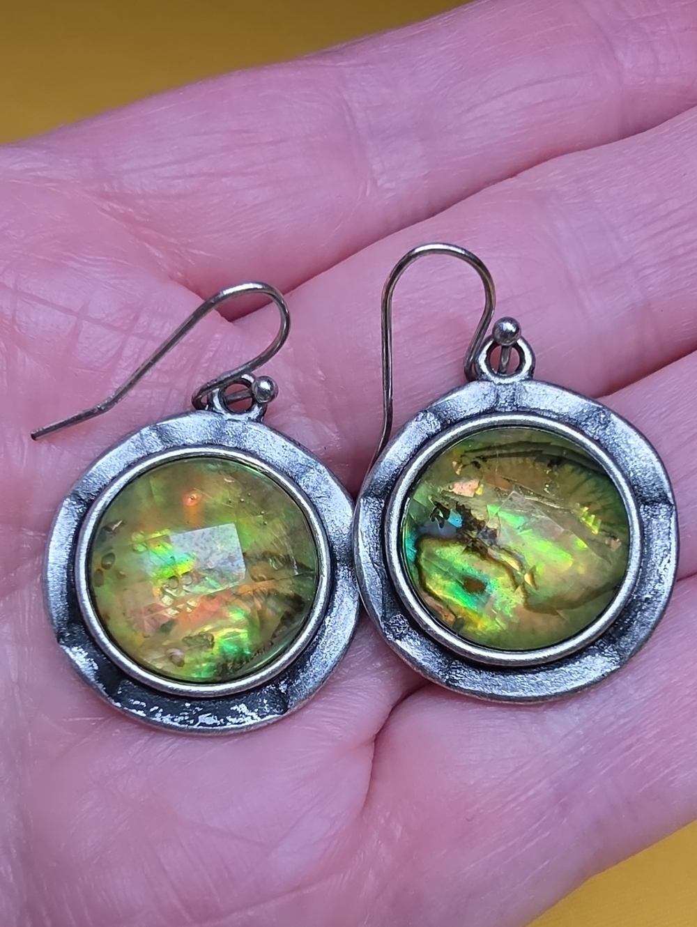 Faceted Faux Abalone Shell Drop Earrings Silver Tone Textured Back